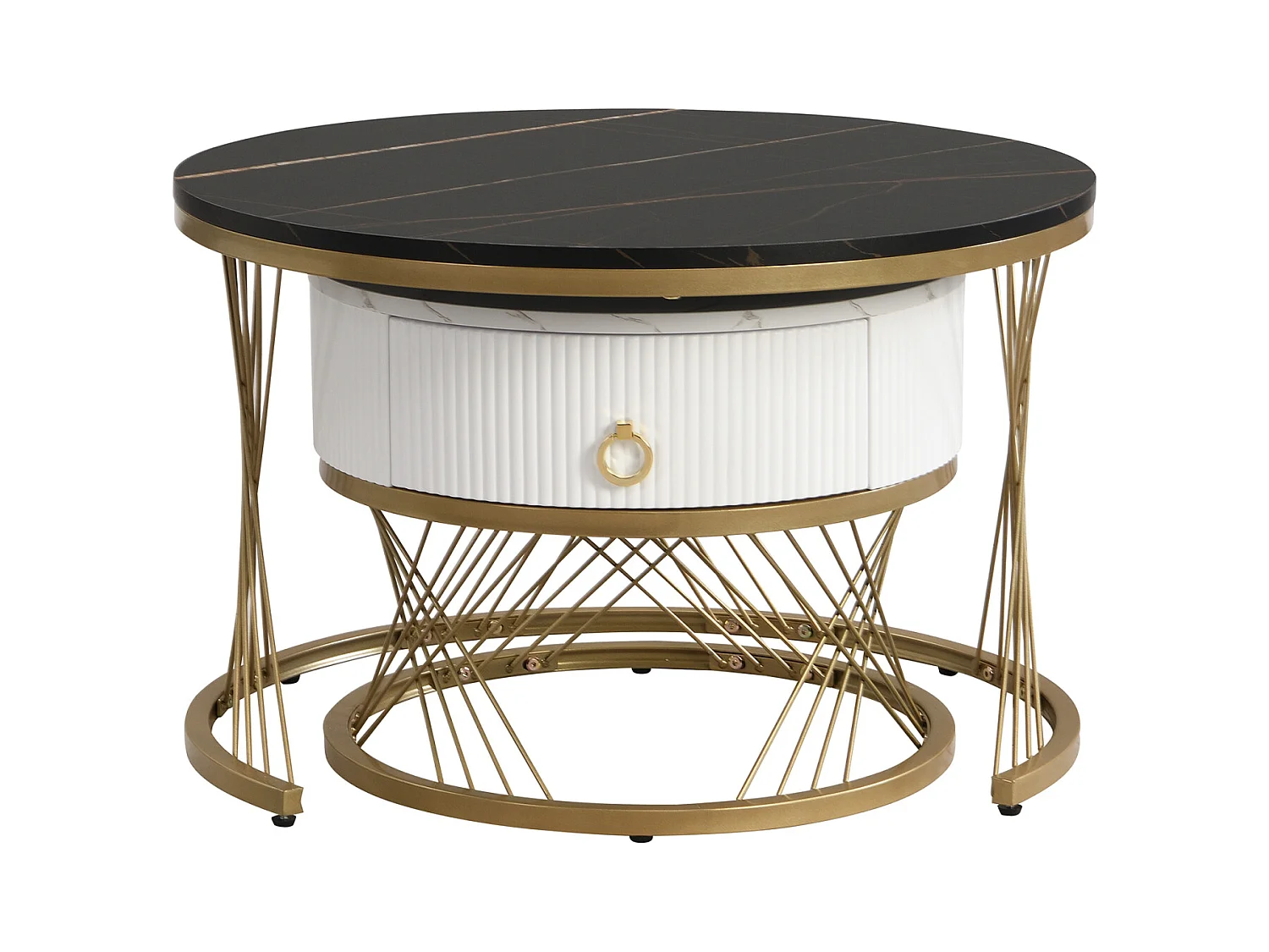 Set van 2 in elkaar passende salontafels, elegant stapelbaar, bijzettafel met goudkleurig marmereffect decor met lade, 70x70x45cm+50x50x40cm, zwart