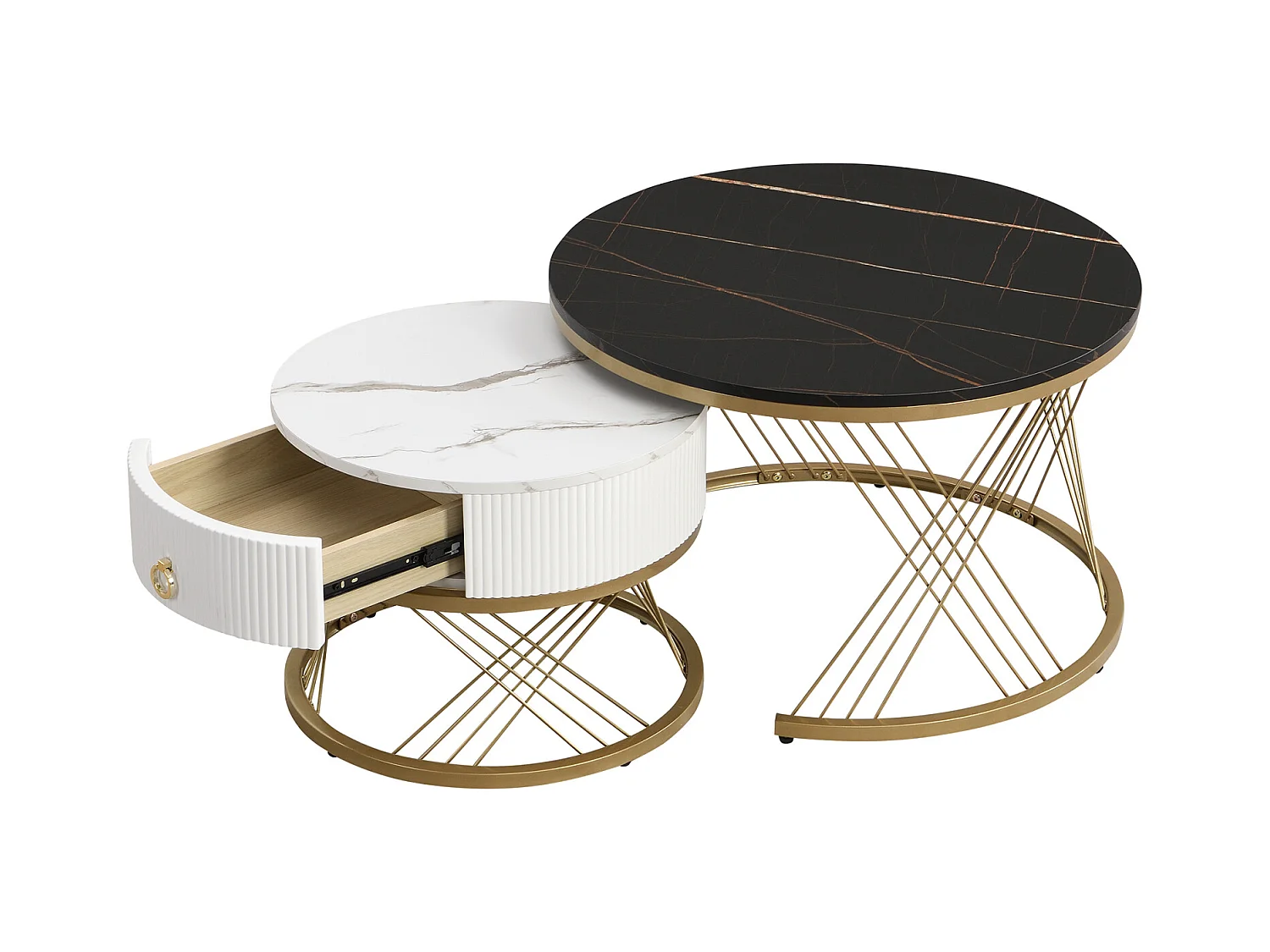 Set van 2 in elkaar passende salontafels, elegant stapelbaar, bijzettafel met goudkleurig marmereffect decor met lade, 70x70x45cm+50x50x40cm, zwart