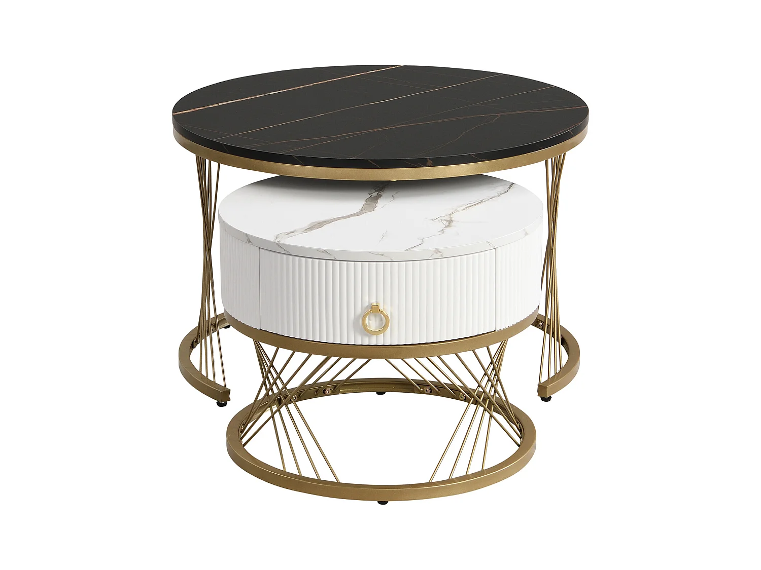 Set van 2 in elkaar passende salontafels, elegant stapelbaar, bijzettafel met goudkleurig marmereffect decor met lade, 70x70x45cm+50x50x40cm, zwart
