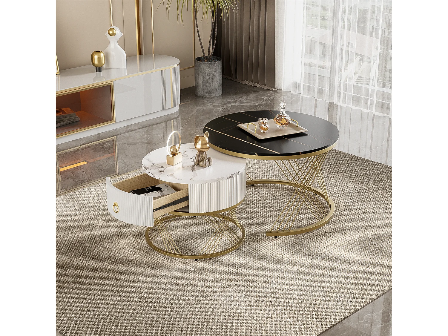 Conjunto de 2 mesas de centro encaixáveis, elegantes e empilháveis, mesa de apoio com decoração efeito mármore dourado com gaveta, 70x70x45cm+50x50x40cm, preta