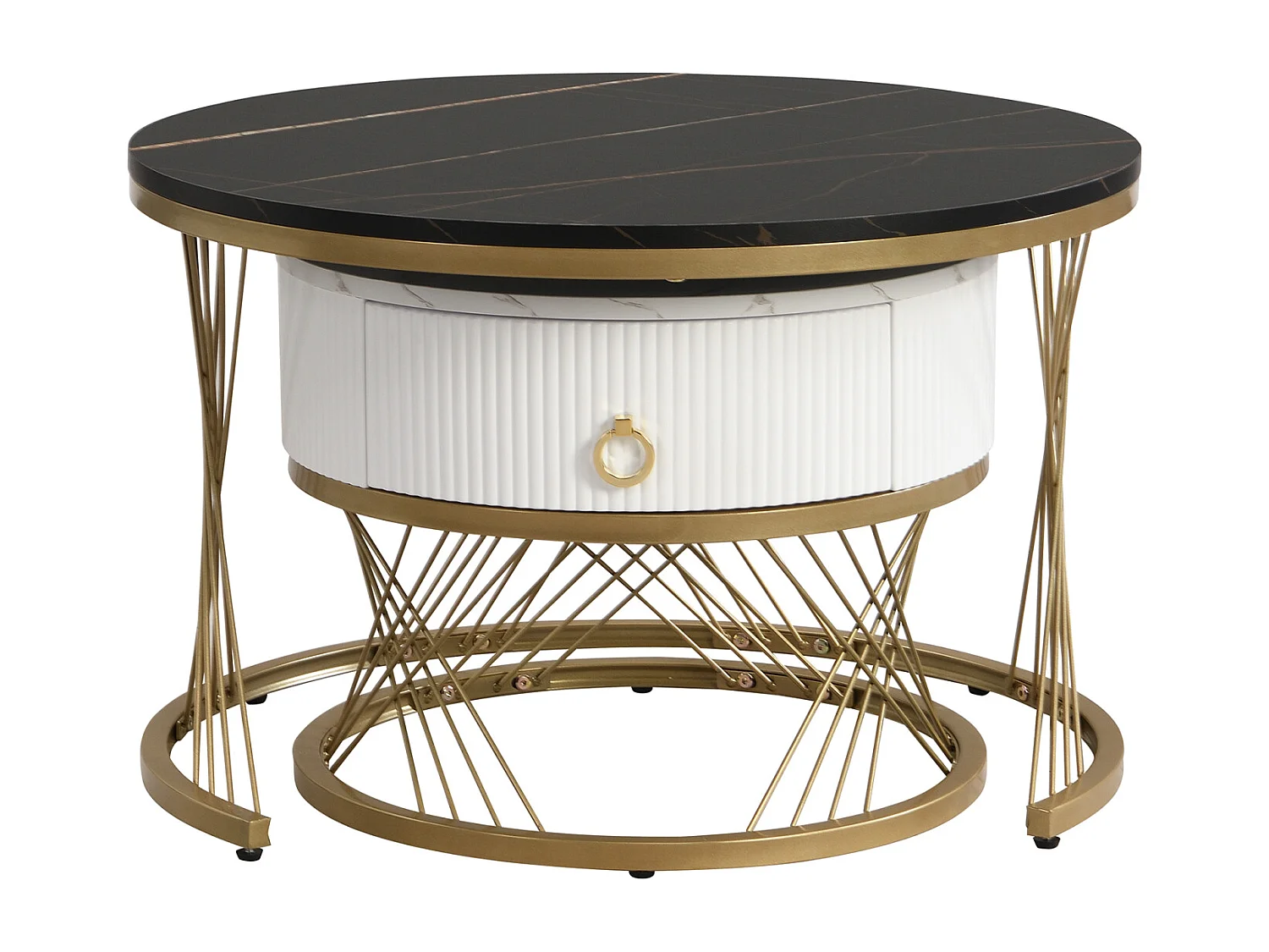 Conjunto de 2 mesas de centro encaixáveis, elegantes e empilháveis, mesa de apoio com decoração efeito mármore dourado com gaveta, 70x70x45cm+50x50x40cm, preta