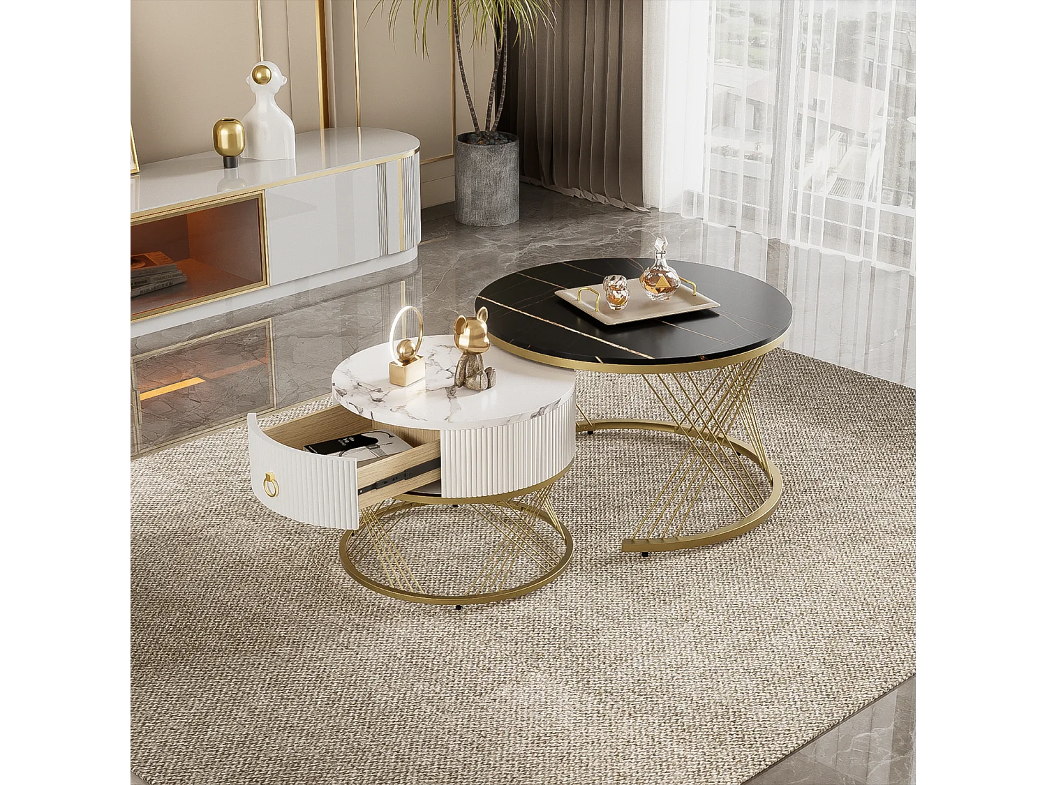 Set di 2 tavolini da caffè impilabili, eleganti, tavolino laterale con decoro effetto marmo dorato con cassetto, 70x70x45cm+50x50x40cm, nero