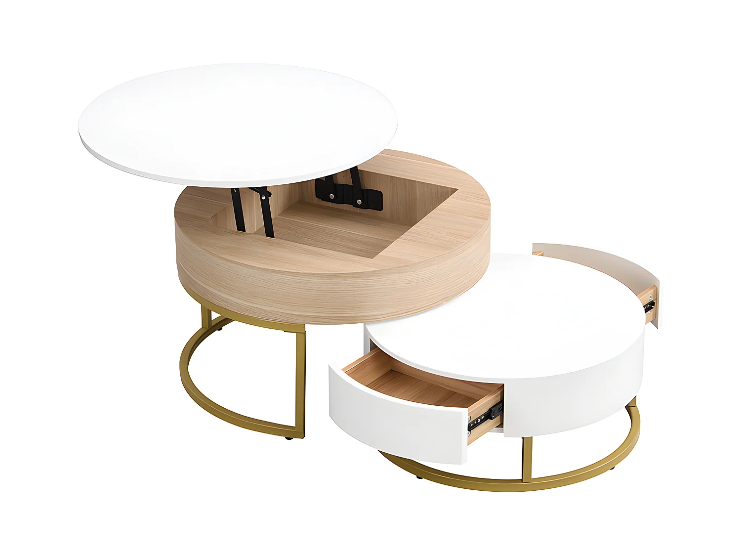Lot de 2 table basse gigogne, grand table avec plateau relevable, petie table avec 2 tiroirs, MDF, blanc