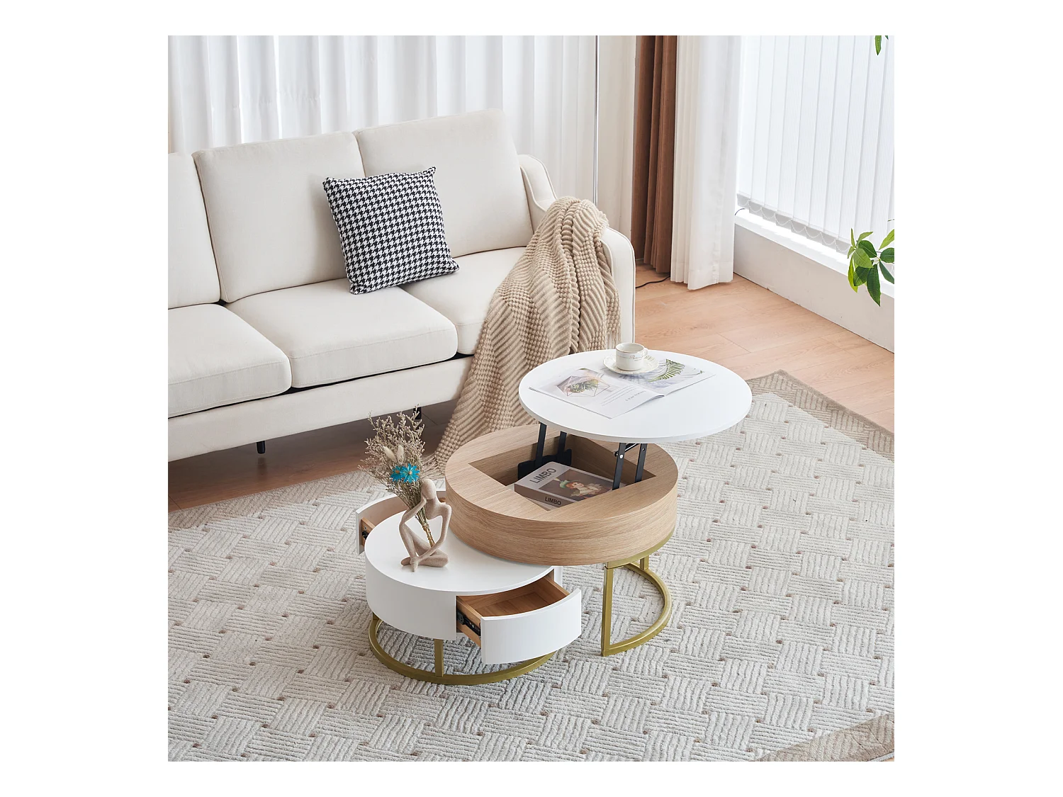 Lot de 2 table basse gigogne, grand table avec plateau relevable, petie table avec 2 tiroirs, MDF, blanc