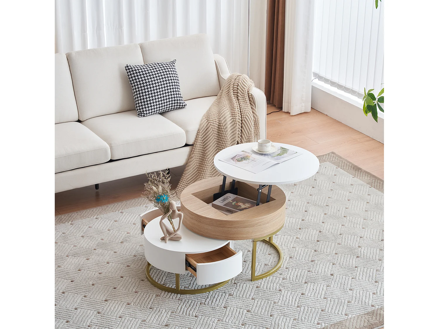 Lot de 2 table basse gigogne, grand table avec plateau relevable, petie table avec 2 tiroirs, MDF, blanc