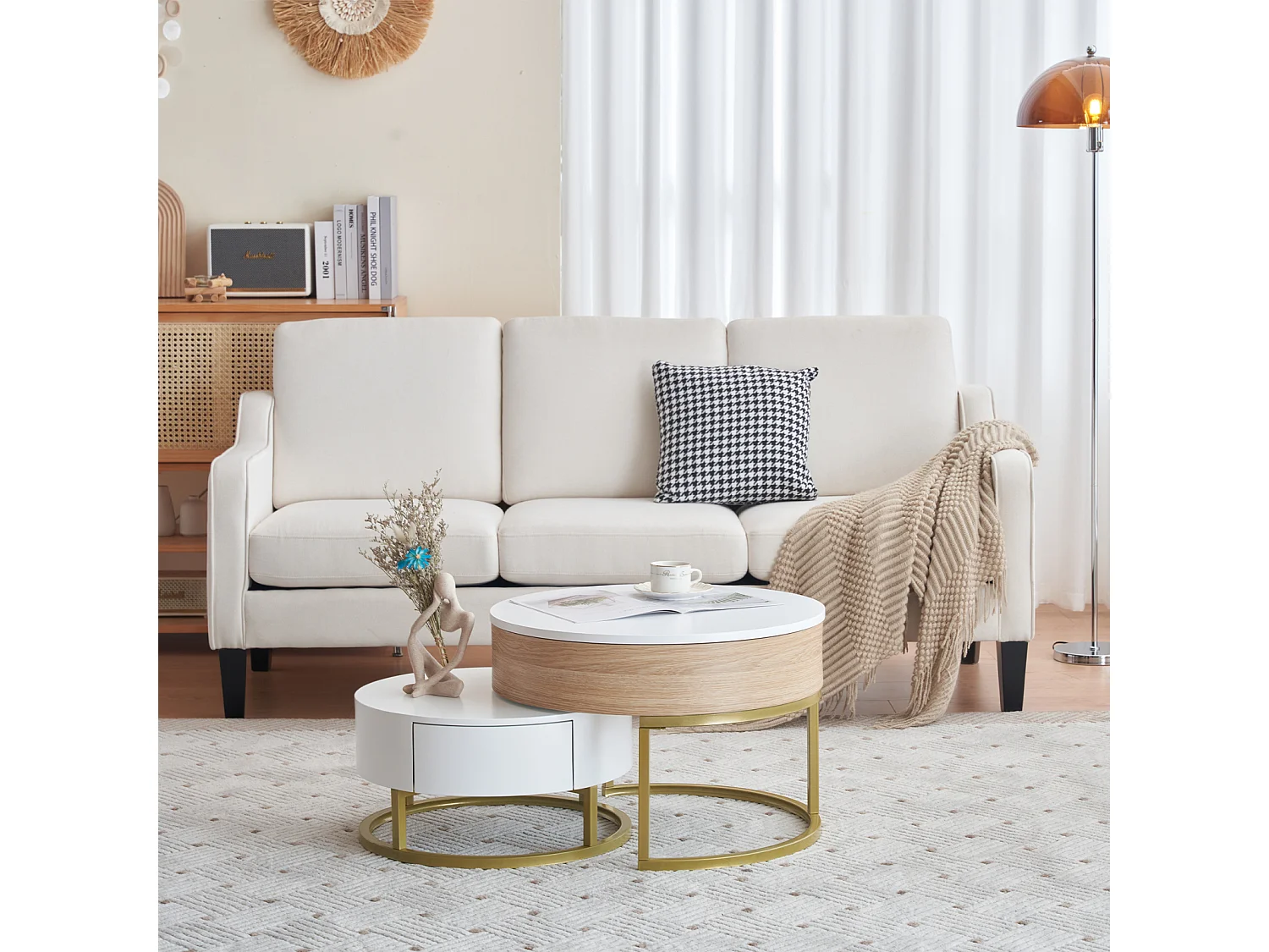 Lot de 2 table basse gigogne, grand table avec plateau relevable, petie table avec 2 tiroirs, MDF, blanc