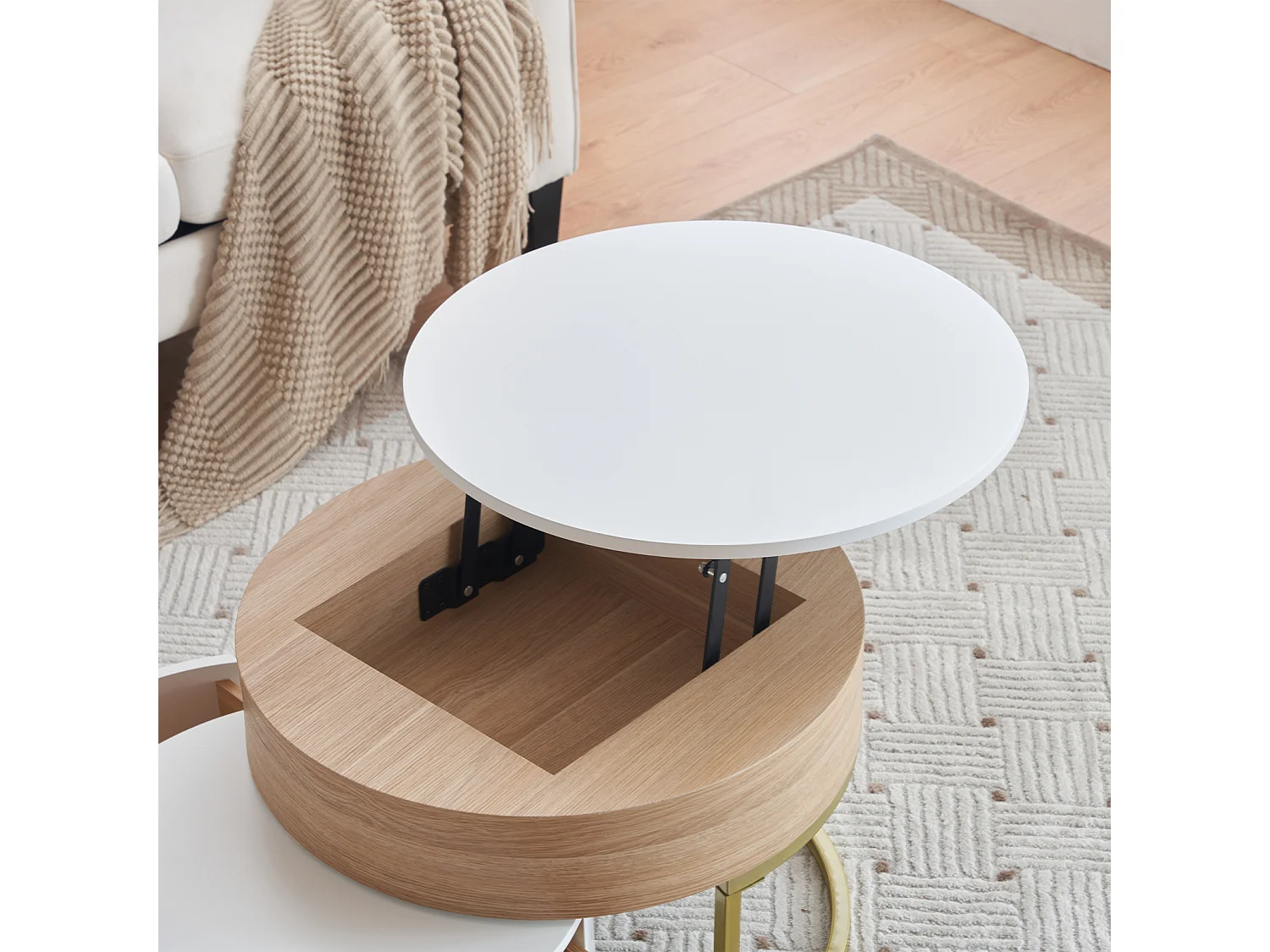 Lot de 2 table basse gigogne, grand table avec plateau relevable, petie table avec 2 tiroirs, MDF, blanc