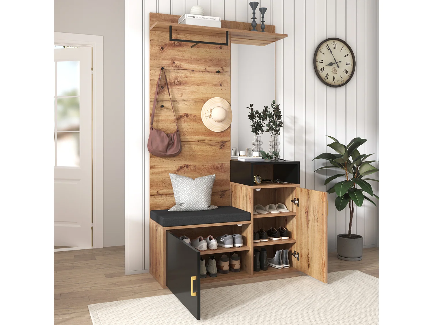 Multifunktionales Garderobenset - Garderobe mit 4 Haken, Spiegel, Schuhschrank - Wandgarderobe, Oberregal, Eingangsgarderobenbank 104x38,5x190cm