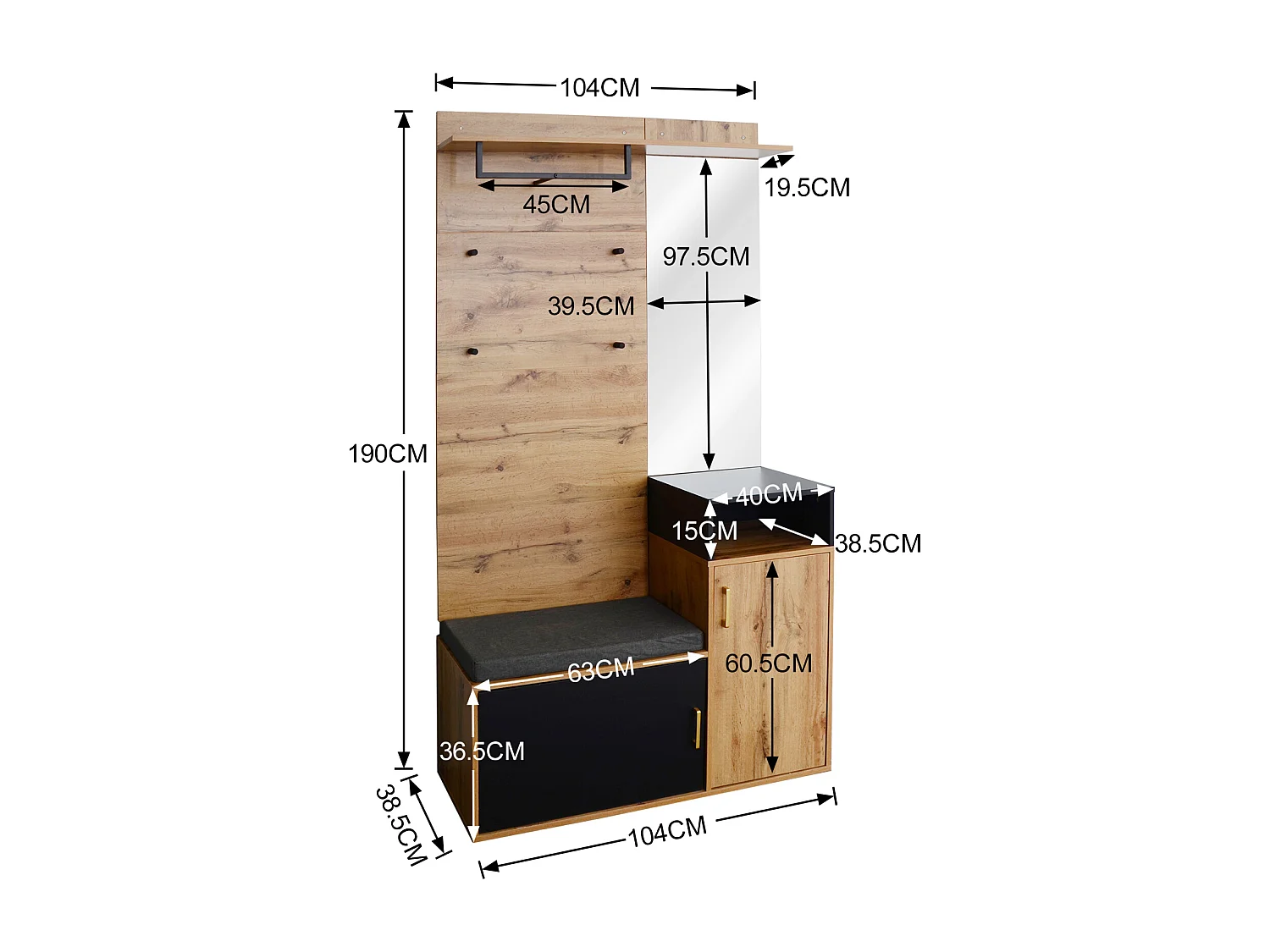 Multifunktionales Garderobenset - Garderobe mit 4 Haken, Spiegel, Schuhschrank - Wandgarderobe, Oberregal, Eingangsgarderobenbank 104x38,5x190cm