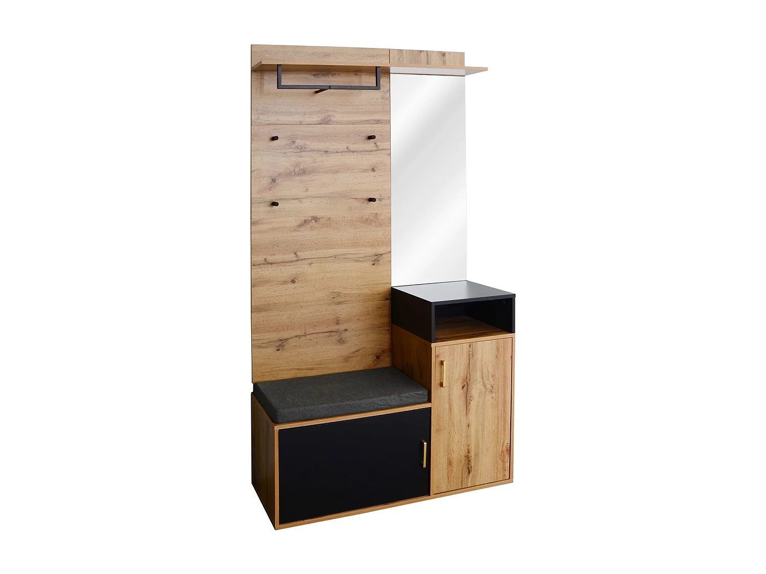 Multifunktionales Garderobenset - Garderobe mit 4 Haken, Spiegel, Schuhschrank - Wandgarderobe, Oberregal, Eingangsgarderobenbank 104x38,5x190cm