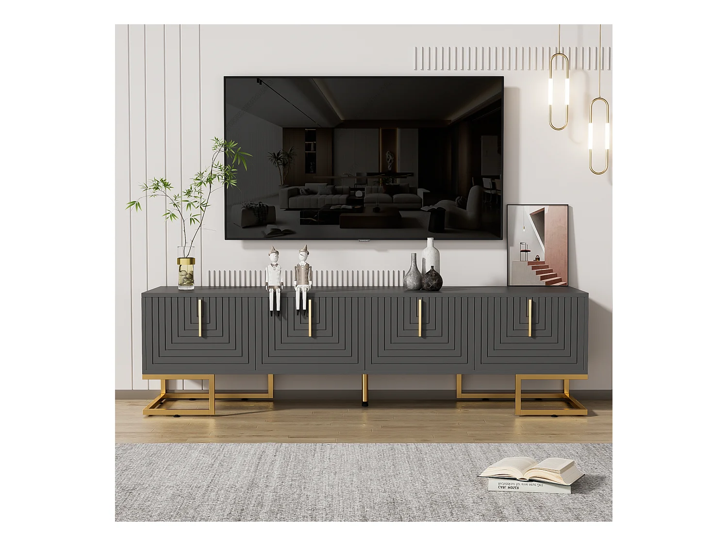Mueble de TV 170x40x45,5cm, con 4 puertas estructuradas, tiradores dorados y pies dorados, en tablero de partículas, color gris