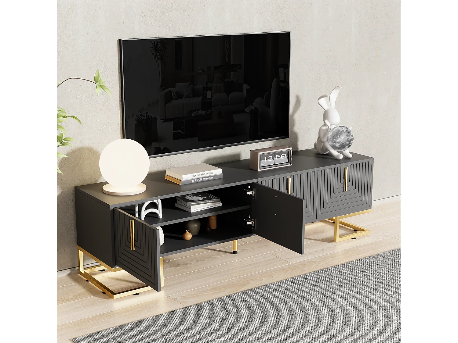 Móvel TV 170x40x45,5cm, com 4 portas estruturadas, puxadores e pés dourados, em aglomerado de partículas, cinzento