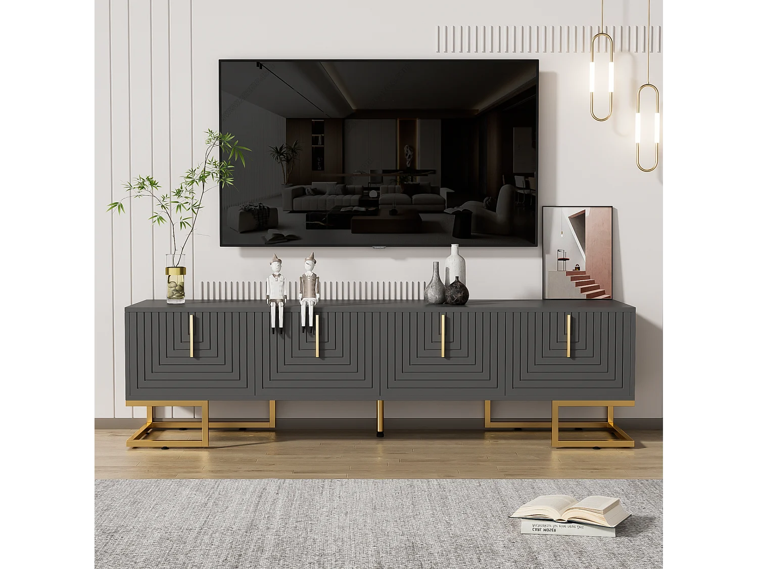 Mobile TV 170x40x45,5cm, con 4 ante strutturate, maniglie dorate e piedini dorati, in truciolare, grigio