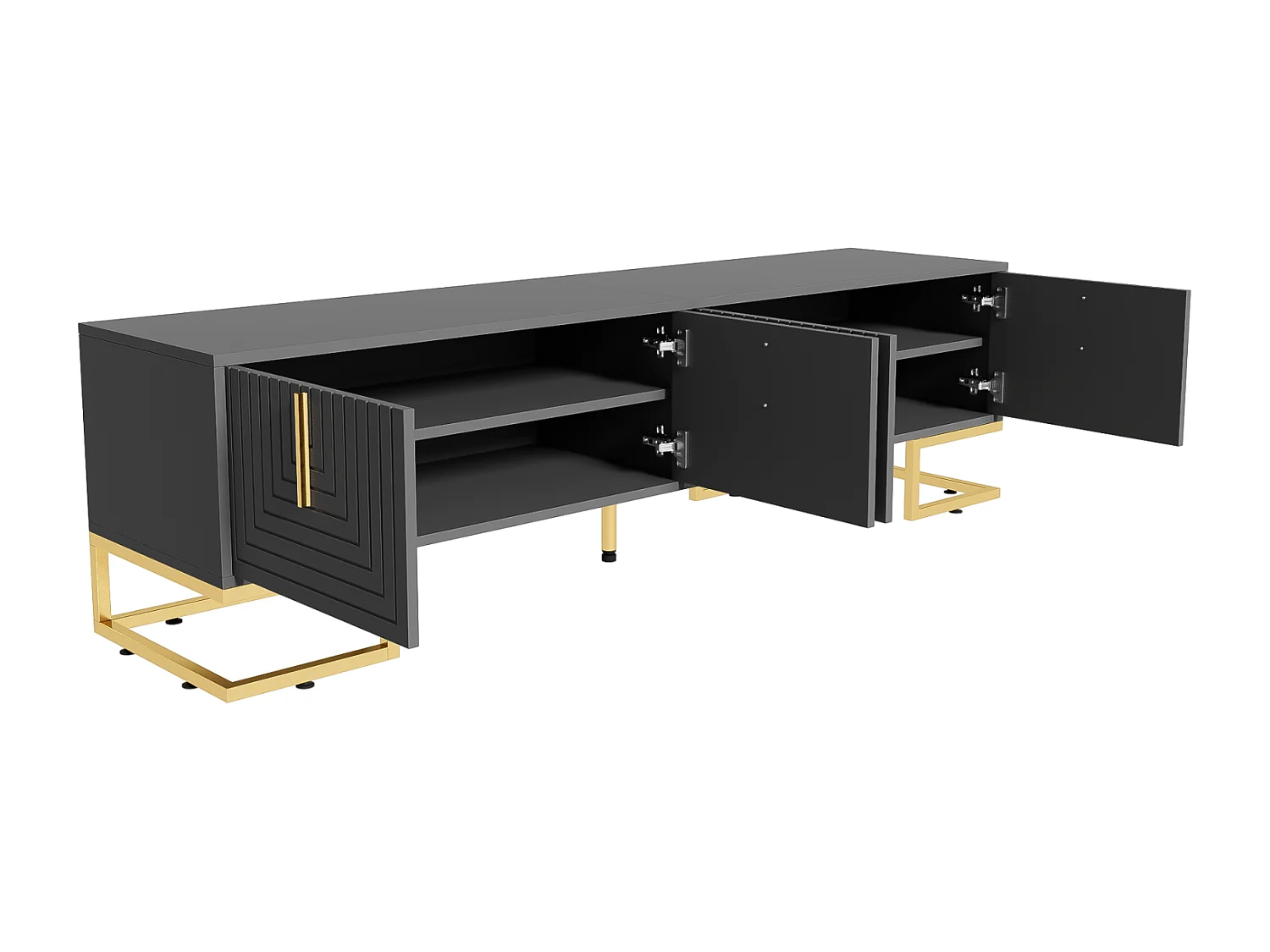 Mobile TV 170x40x45,5cm, con 4 ante strutturate, maniglie dorate e piedini dorati, in truciolare, grigio