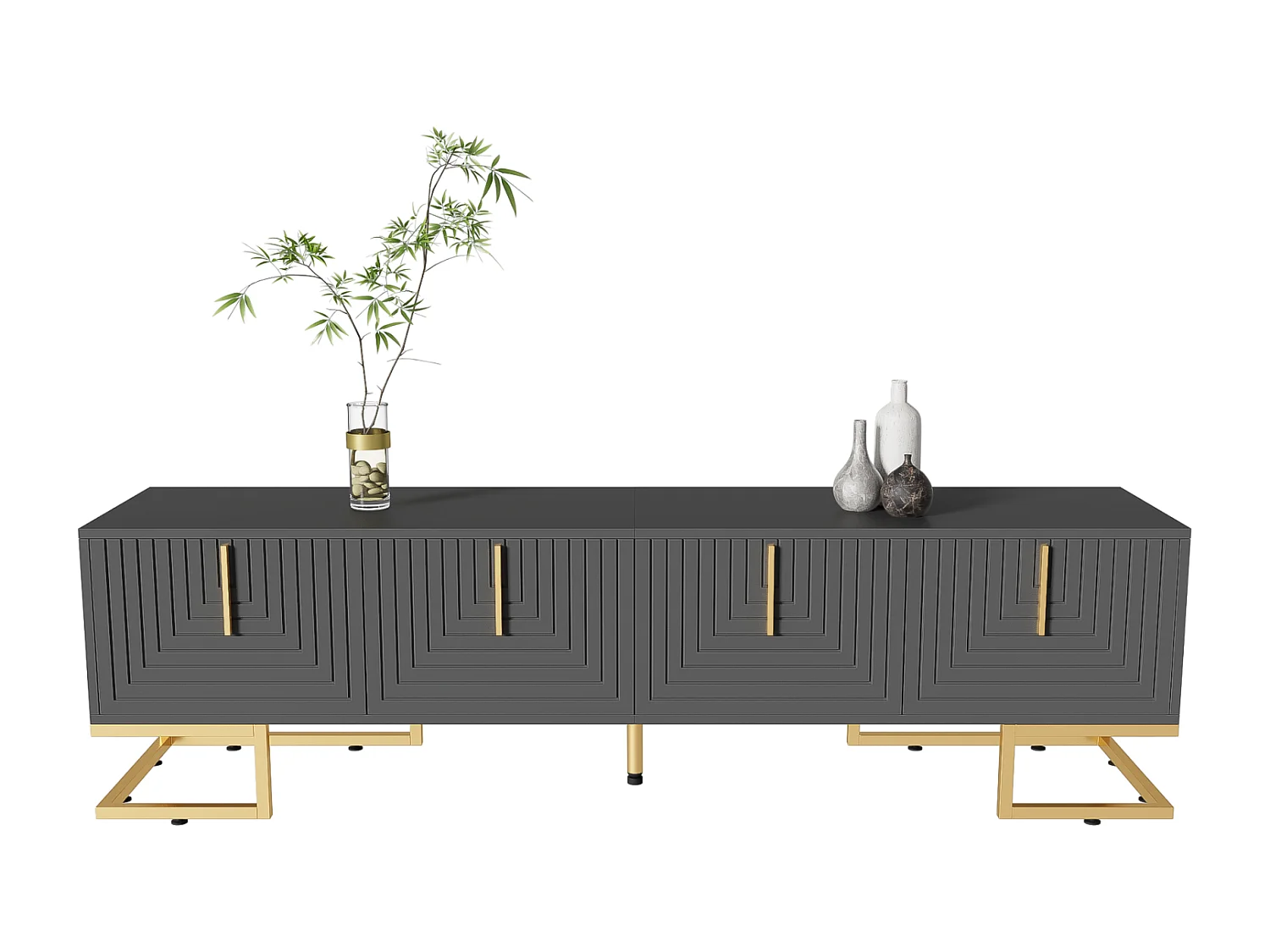 Mobile TV 170x40x45,5cm, con 4 ante strutturate, maniglie dorate e piedini dorati, in truciolare, grigio