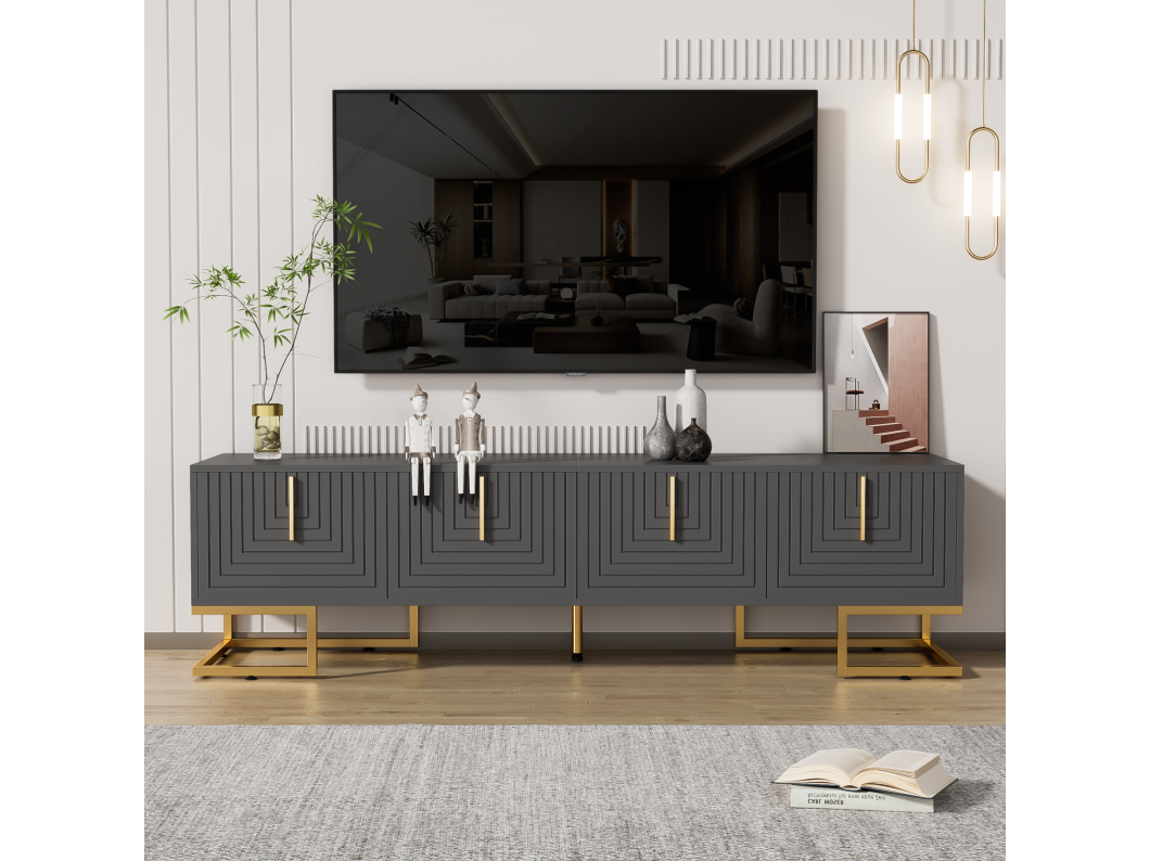 Mueble de TV 170x40x45,5cm, con 4 puertas estructuradas, tiradores dorados y pies dorados, en tablero de partículas, color gris