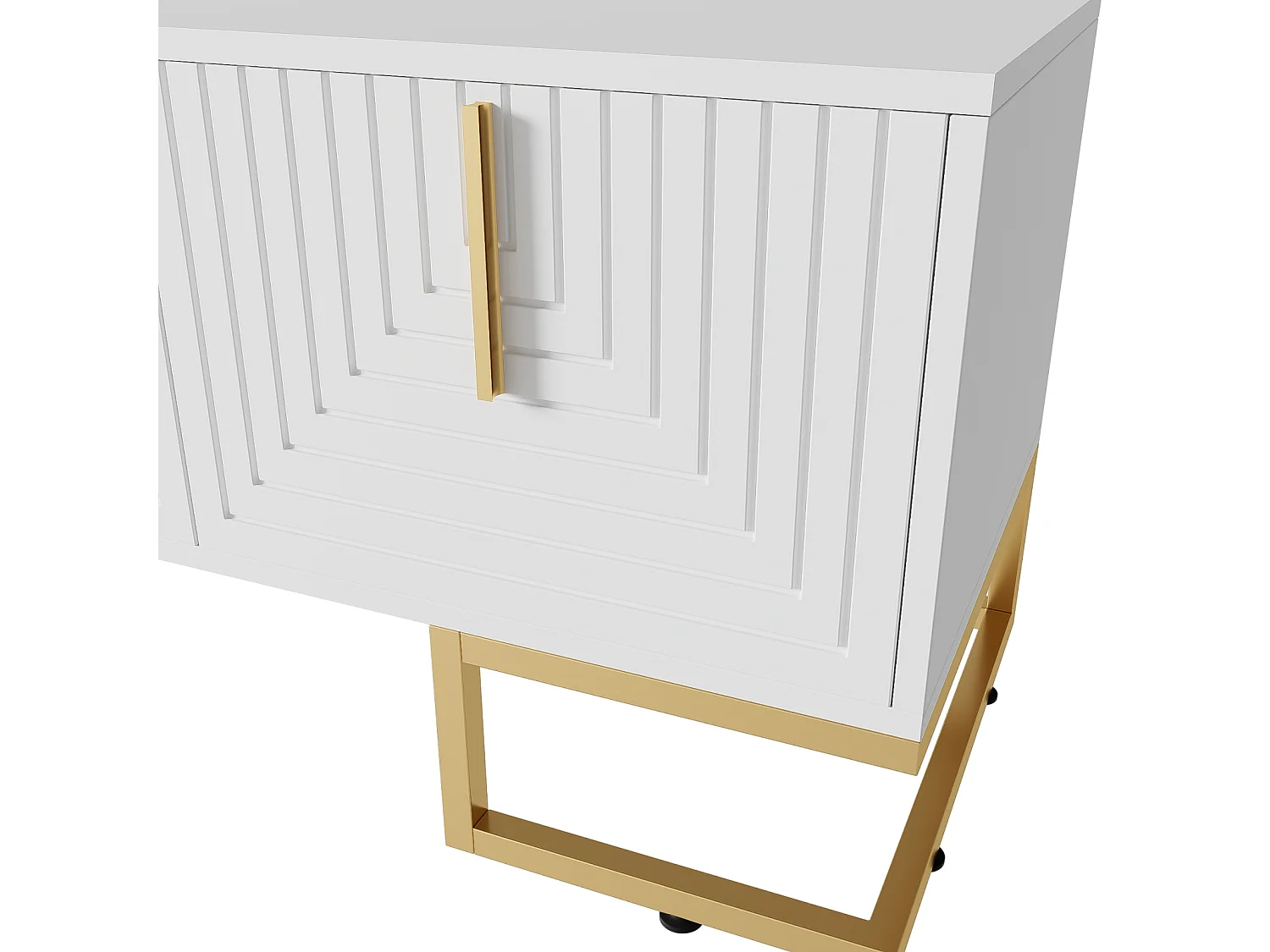 Meuble TV 170x40x45.5cm, avec 4 portes structurée, poignées dorées et pieds dorés, en panneaux de particules, blanc