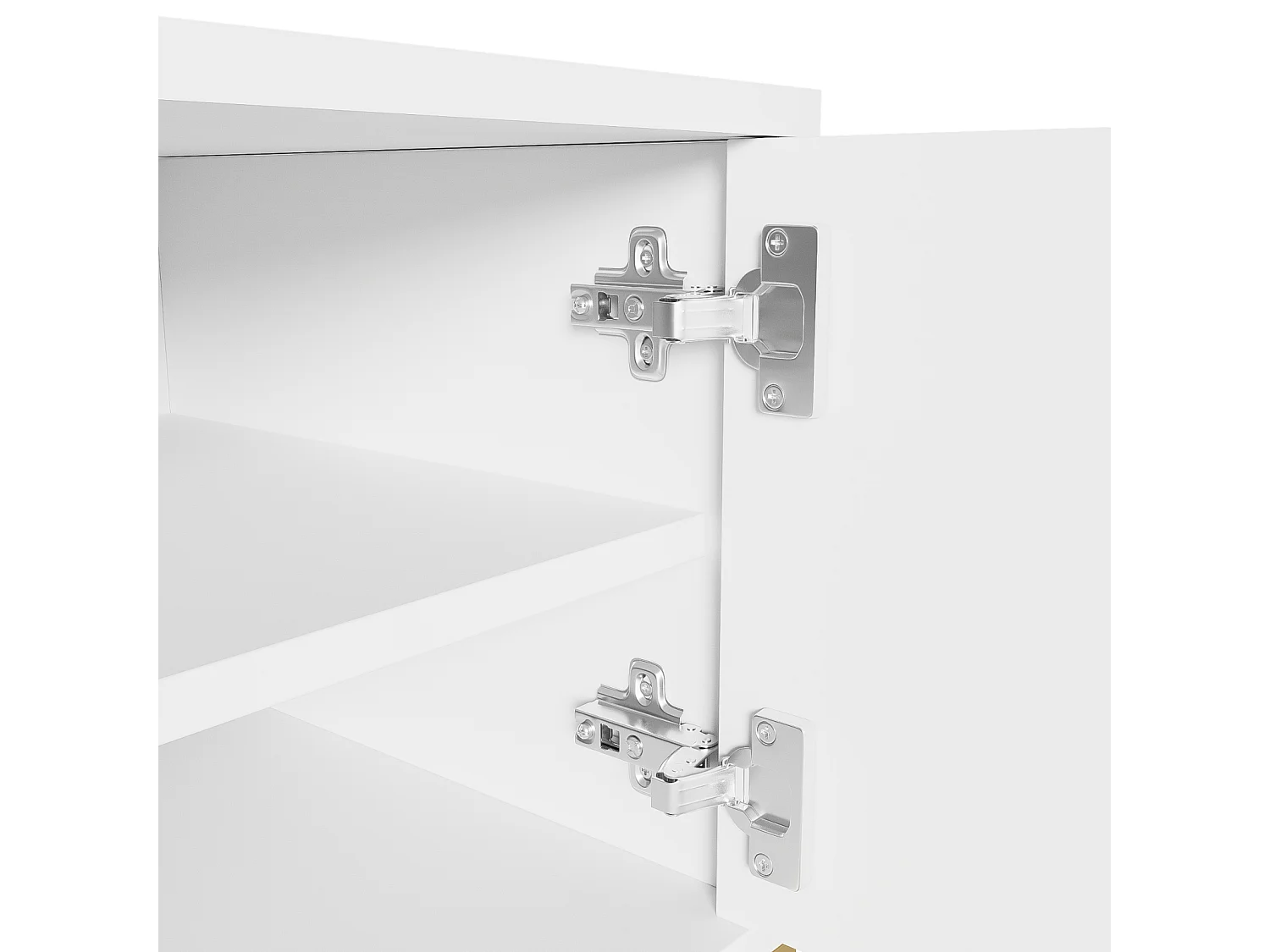 Meuble TV 170x40x45.5cm, avec 4 portes structurée, poignées dorées et pieds dorés, en panneaux de particules, blanc