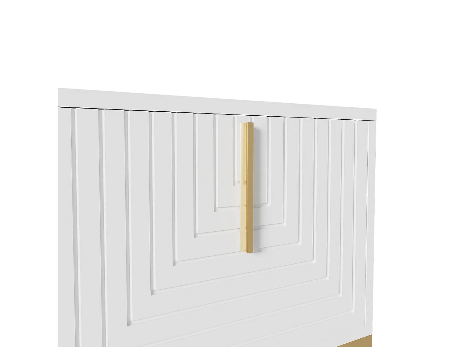 Meuble TV 170x40x45.5cm, avec 4 portes structurée, poignées dorées et pieds dorés, en panneaux de particules, blanc