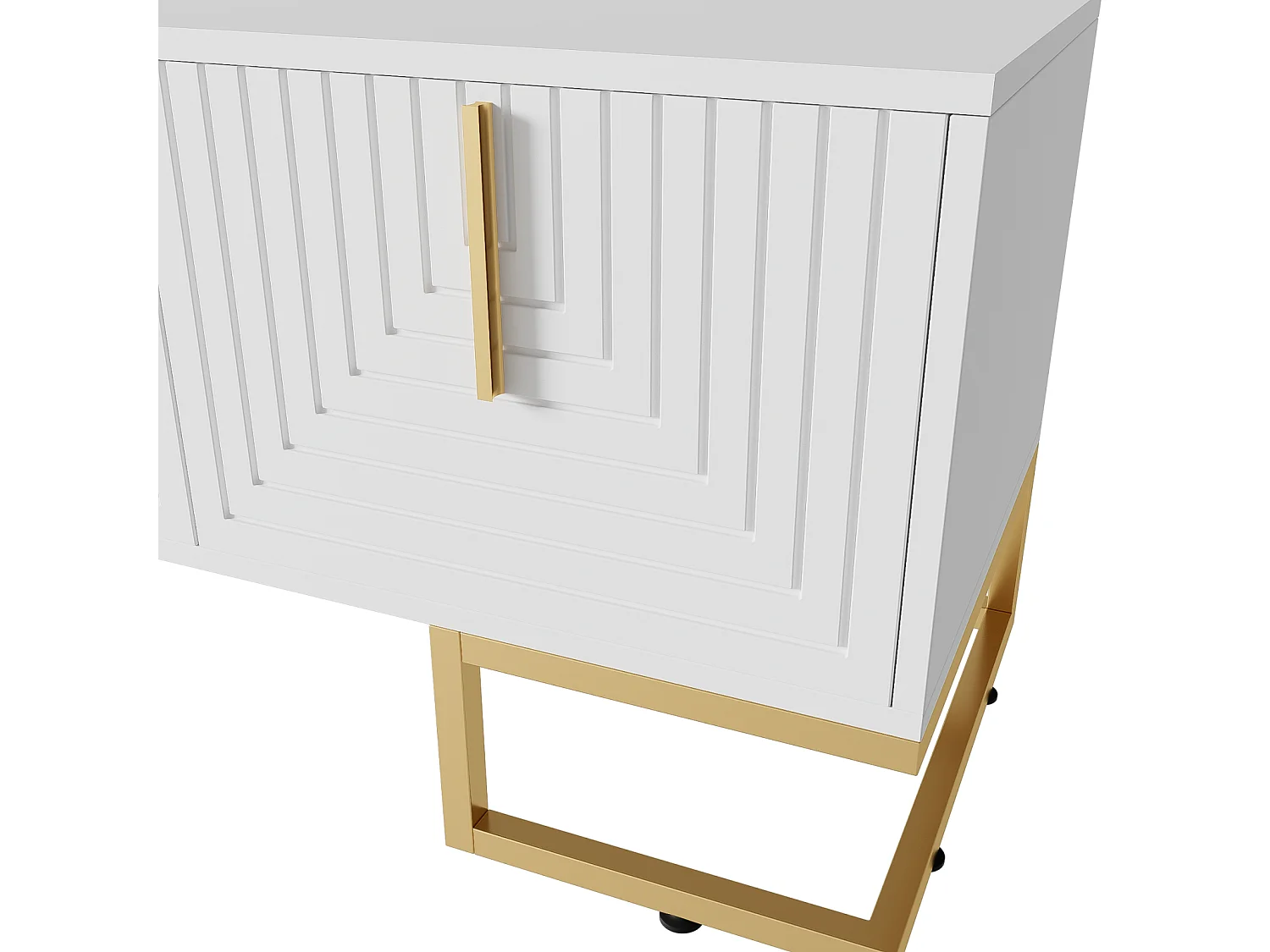 Meuble TV 170x40x45.5cm, avec 4 portes structurée, poignées dorées et pieds dorés, en panneaux de particules, blanc
