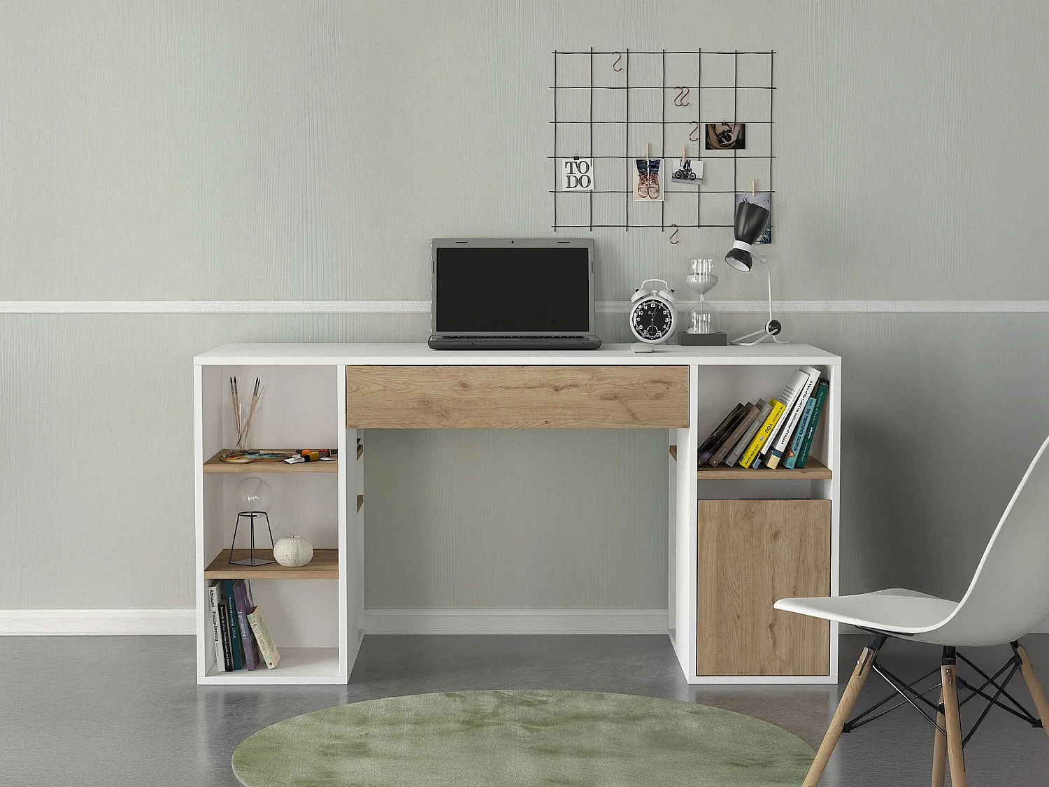 Bureau met opbergruimte - Wit en houtlook - MELAVA