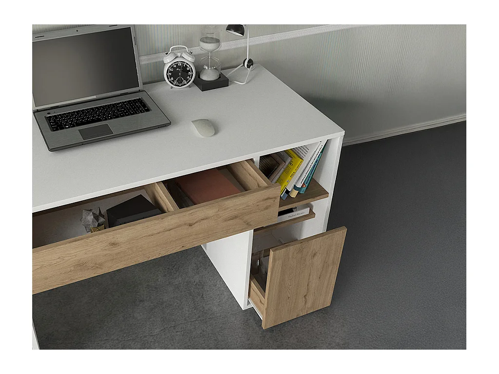 Escritorio con espacios de almacenamiento - Blanco y natural - MELAVA