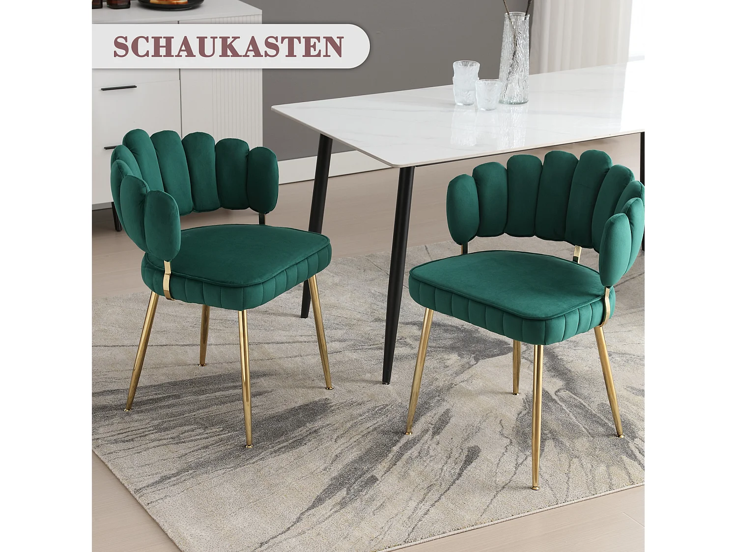 Lot de 2 chaises de salle à manger, chaise d'appoint velours , chaise simple de loisir avec pieds dorés, 58x56x78cm, Vert