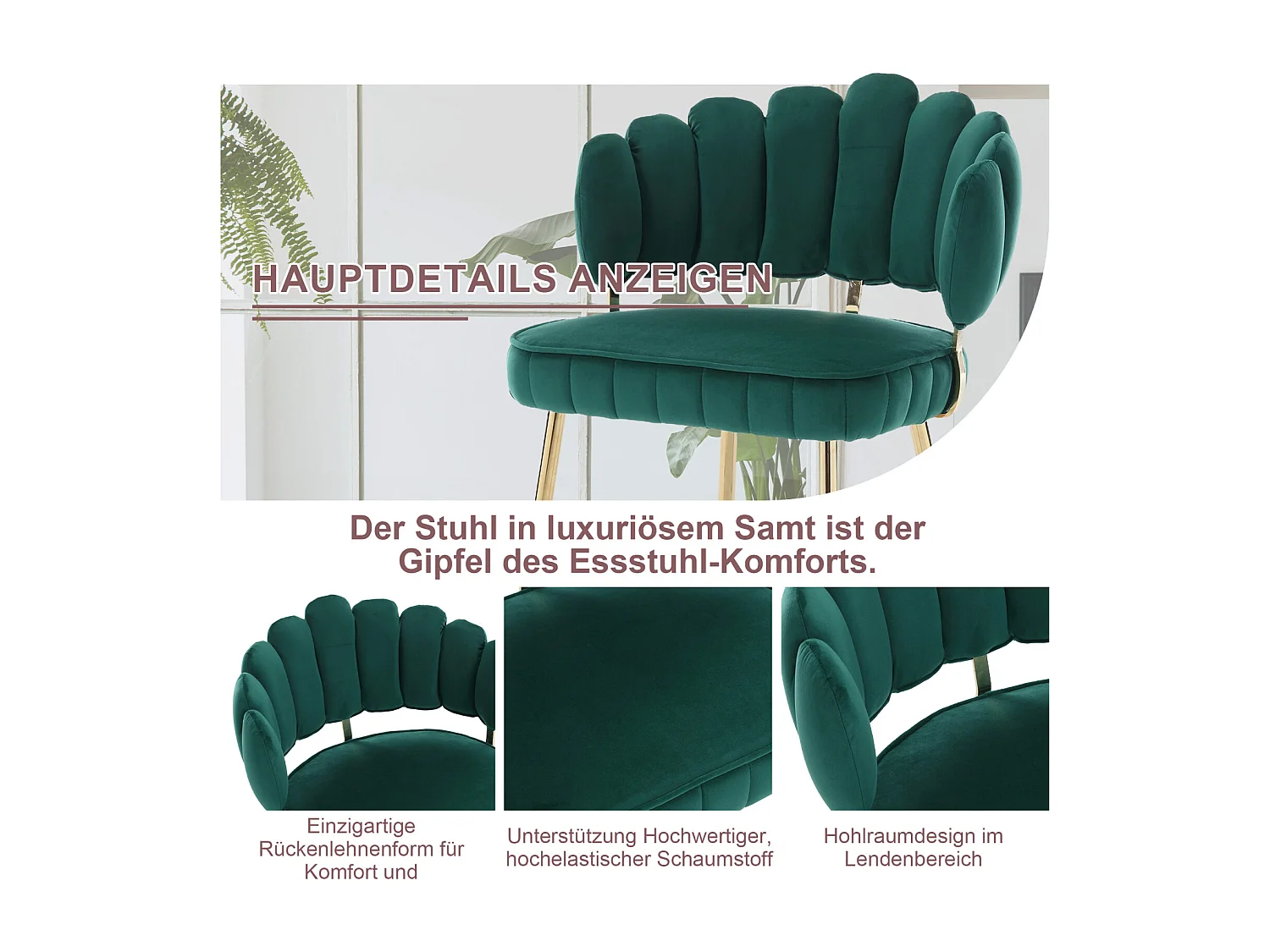 Lot de 2 chaises de salle à manger, chaise d'appoint velours , chaise simple de loisir avec pieds dorés, 58x56x78cm, Vert