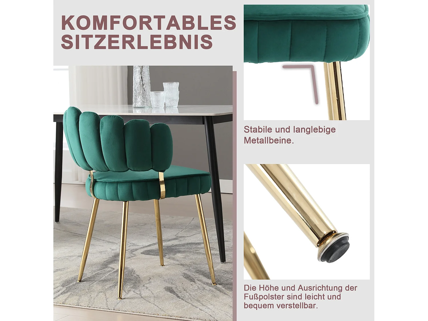 Lot de 2 chaises de salle à manger, chaise d'appoint velours , chaise simple de loisir avec pieds dorés, 58x56x78cm, Vert