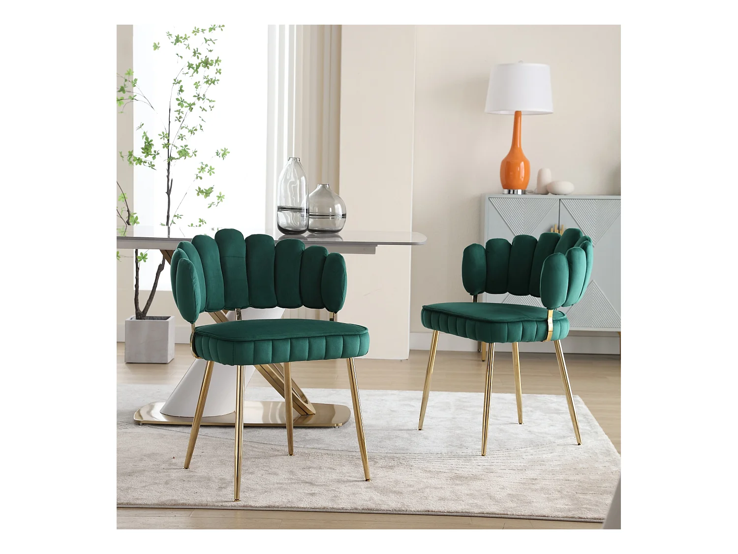 Lot de 2 chaises de salle à manger, chaise d'appoint velours , chaise simple de loisir avec pieds dorés, 58x56x78cm, Vert
