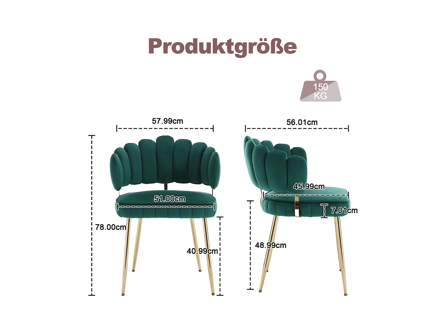 Lot de 2 chaises de salle à manger, chaise d'appoint velours , chaise simple de loisir avec pieds dorés, 58x56x78cm, Vert