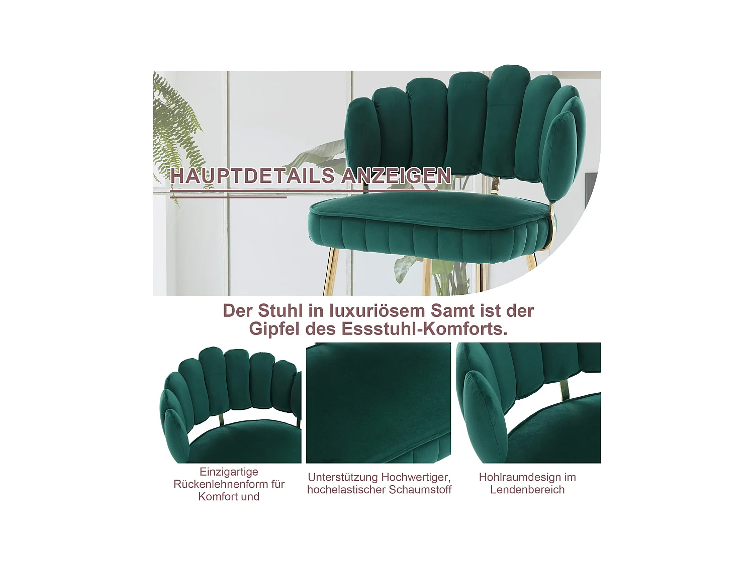 Lot de 2 chaises de salle à manger, chaise d'appoint velours , chaise simple de loisir avec pieds dorés, 58x56x78cm, Vert