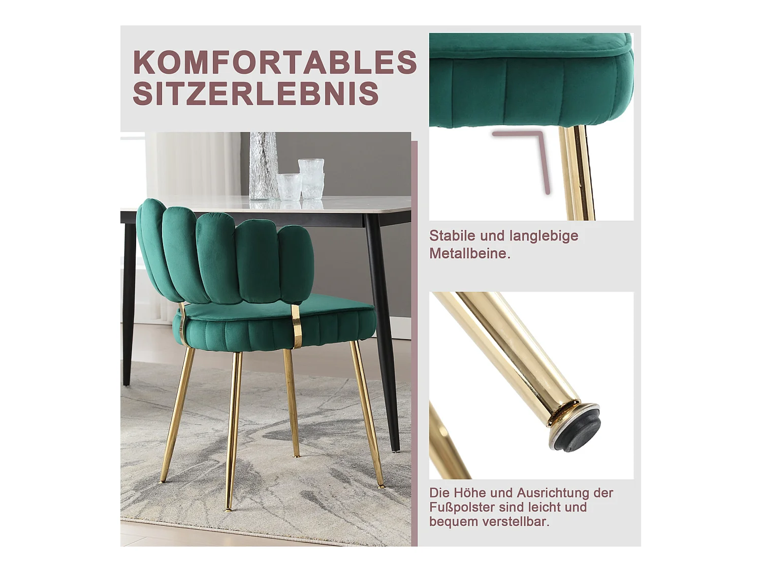 Lot de 2 chaises de salle à manger, chaise d'appoint velours , chaise simple de loisir avec pieds dorés, 58x56x78cm, Vert