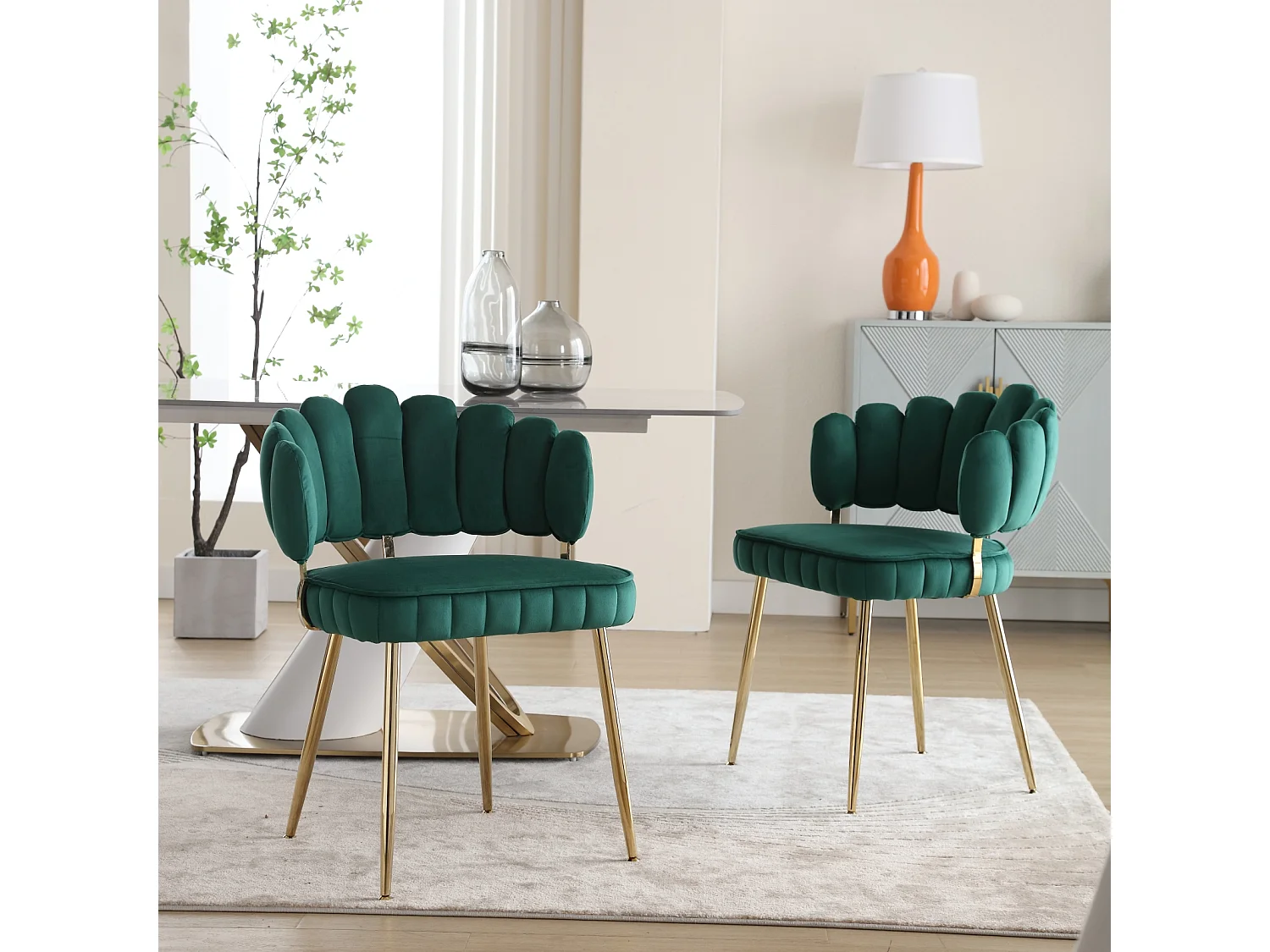 Set van 2 eetkamerstoelen, fluwelen stoel, eenvoudige relaxstoel met gouden poten, 58x56x78cm, Groen
