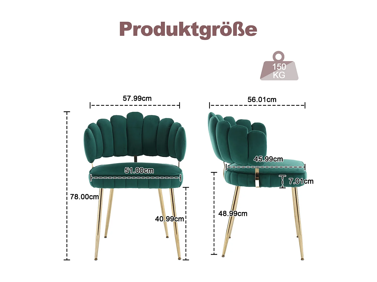 Set van 2 eetkamerstoelen, fluwelen stoel, eenvoudige relaxstoel met gouden poten, 58x56x78cm, Groen