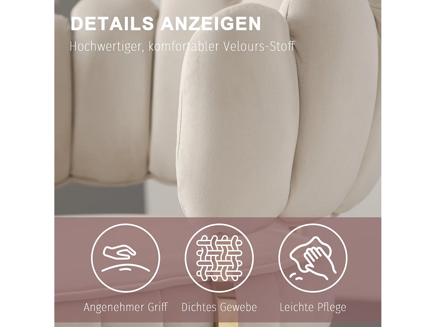 Set van 2 eetkamerstoelen, fluwelen stoel, eenvoudige relaxstoel met gouden poten, 58x56x78cm, Beige