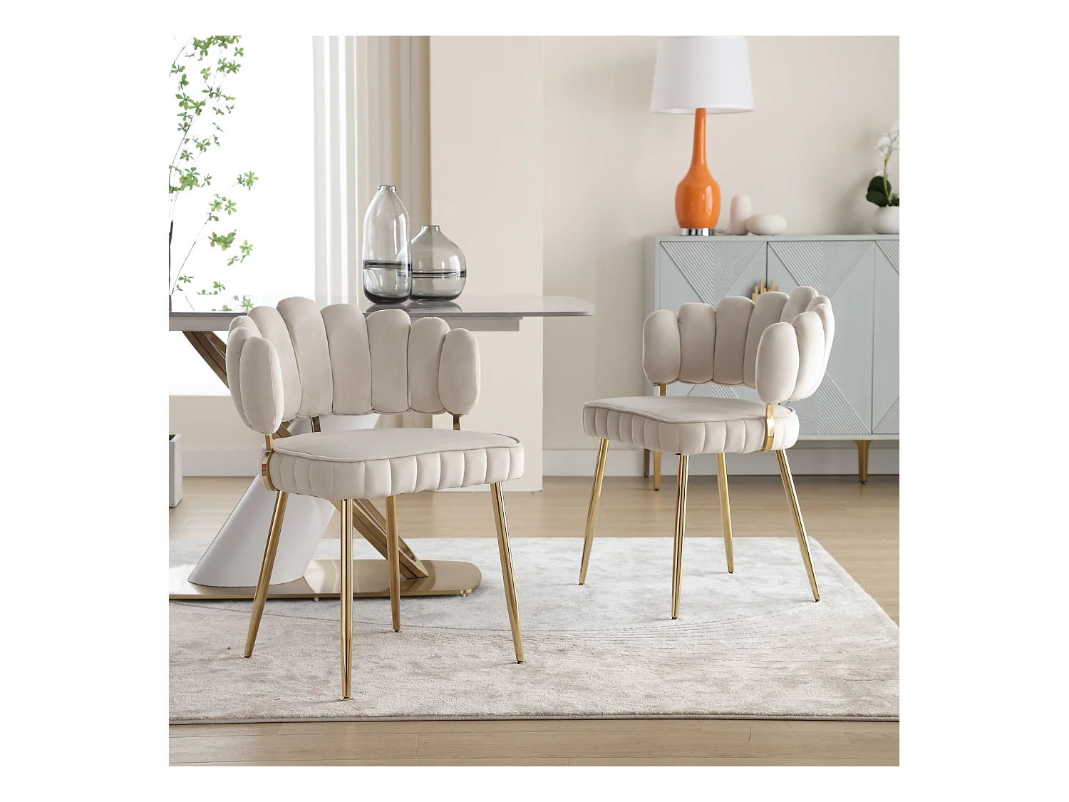 Lot de 2 chaises de salle à manger, chaise d'appoint velours , chaise simple de loisir avec pieds dorés, 58x56x78cm, Beige