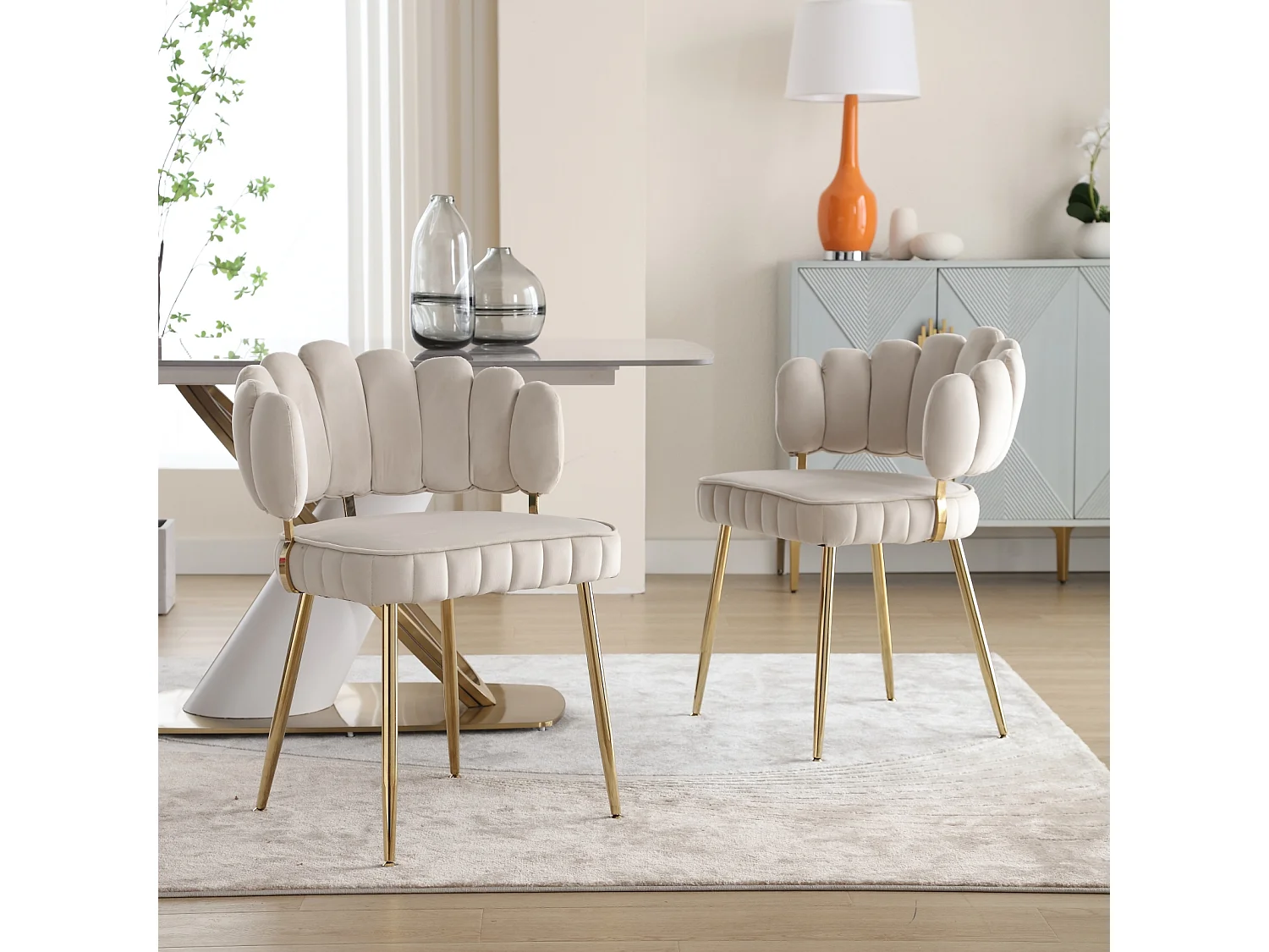Lot de 2 chaises de salle à manger, chaise d'appoint velours , chaise simple de loisir avec pieds dorés, 58x56x78cm, Beige