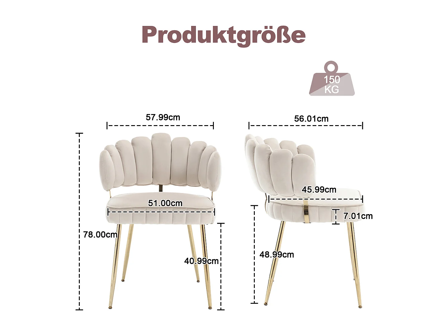 Lot de 2 chaises de salle à manger, chaise d'appoint velours , chaise simple de loisir avec pieds dorés, 58x56x78cm, Beige