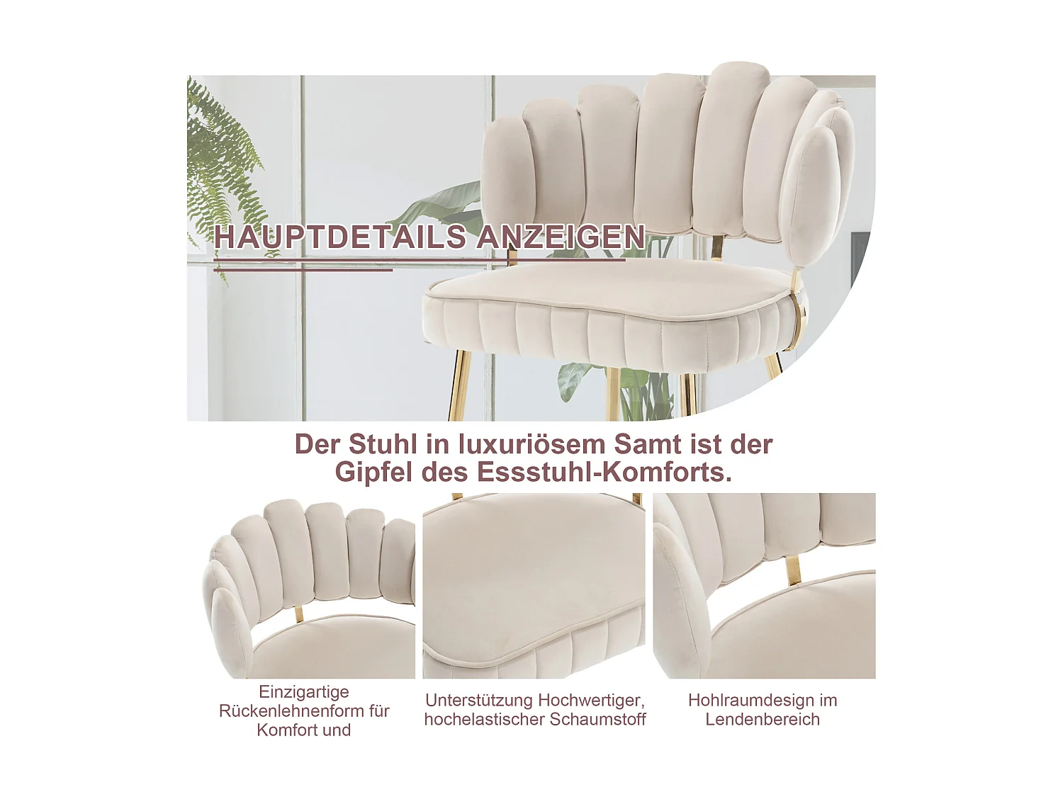 Lot de 2 chaises de salle à manger, chaise d'appoint velours , chaise simple de loisir avec pieds dorés, 58x56x78cm, Beige