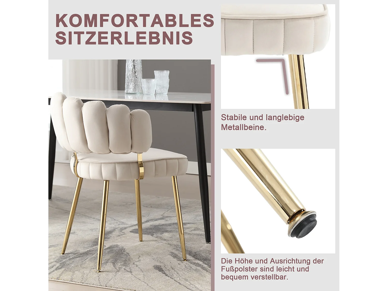 Lot de 2 chaises de salle à manger, chaise d'appoint velours , chaise simple de loisir avec pieds dorés, 58x56x78cm, Beige