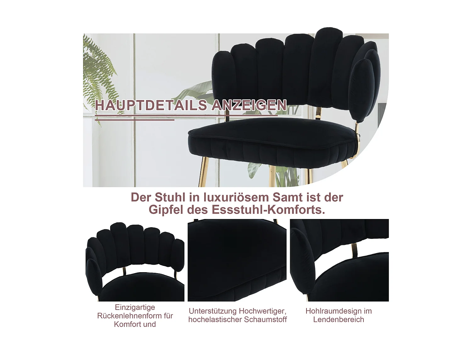 Lot de 2 chaises de salle à manger, chaise d'appoint velours , chaise simple de loisir avec pieds dorés, 58x56x78cm, Noir