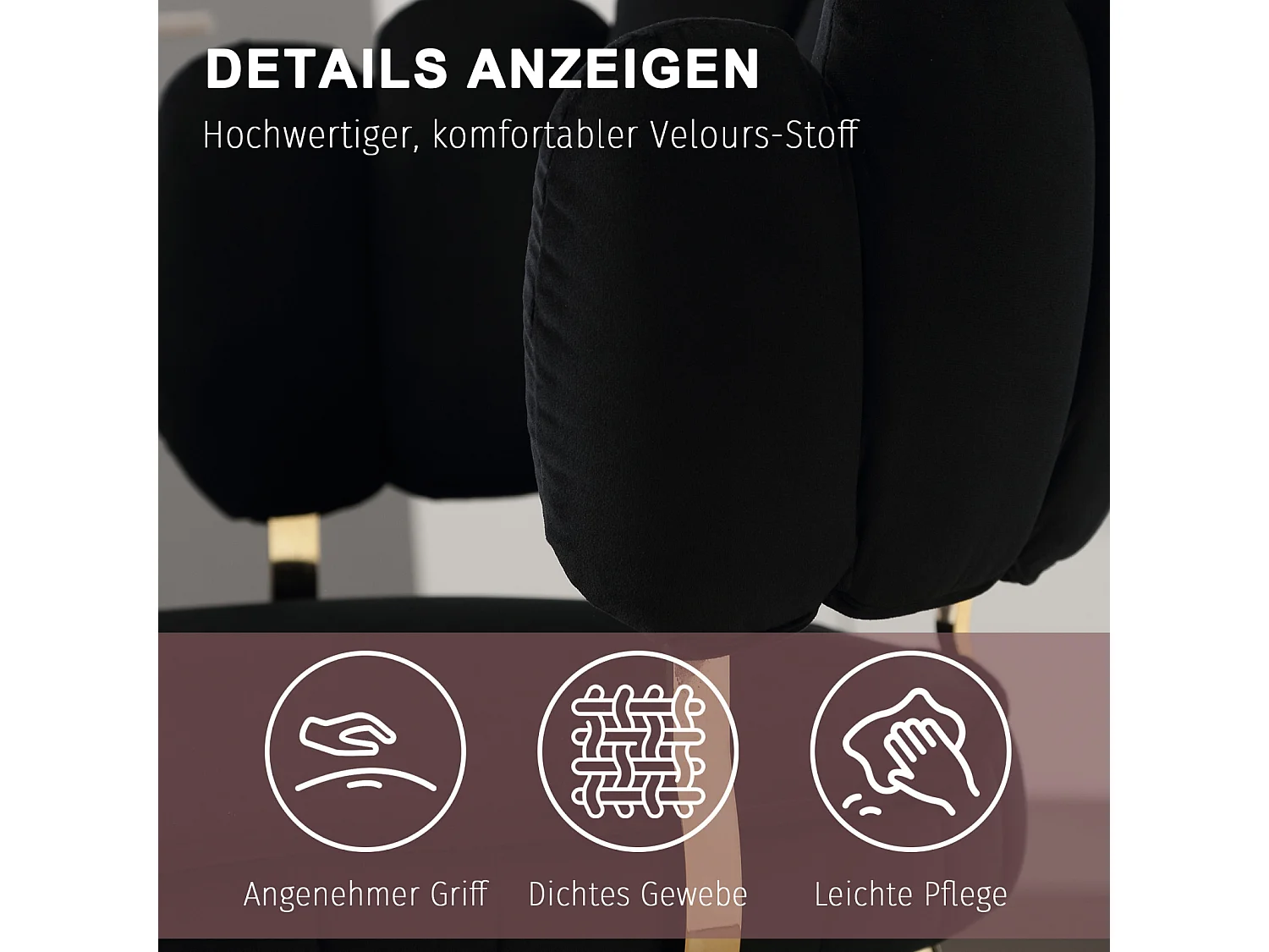 Lot de 2 chaises de salle à manger, chaise d'appoint velours , chaise simple de loisir avec pieds dorés, 58x56x78cm, Noir