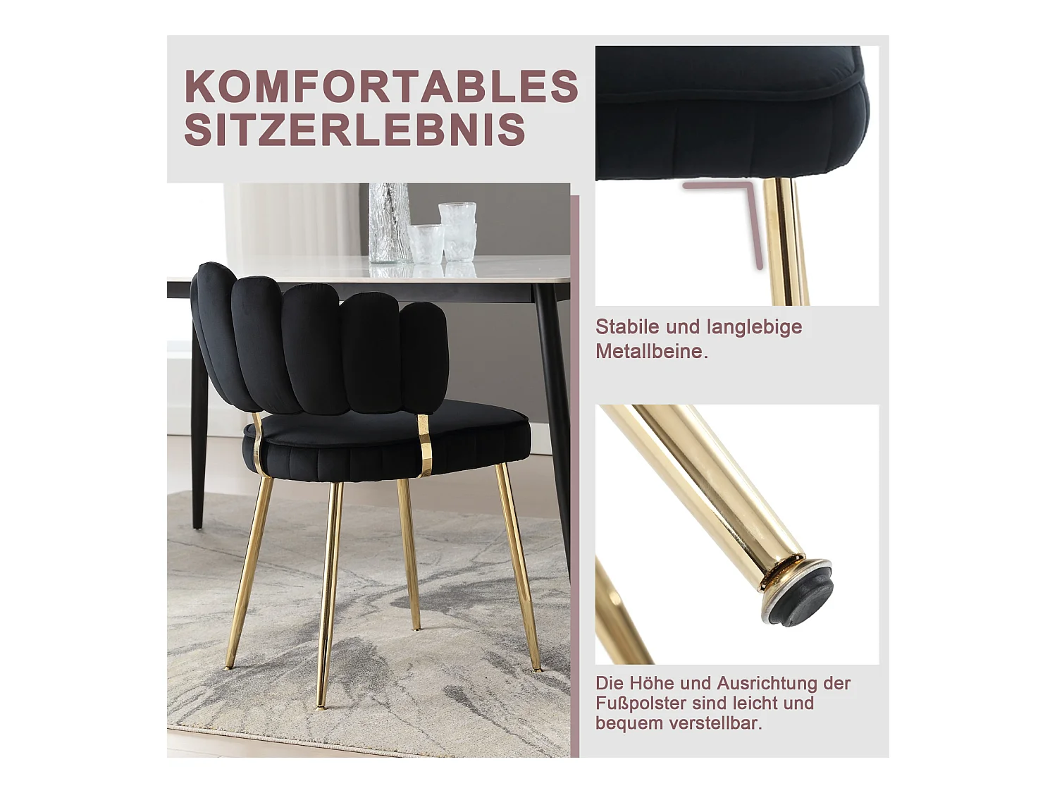 Lot de 2 chaises de salle à manger, chaise d'appoint velours , chaise simple de loisir avec pieds dorés, 58x56x78cm, Noir