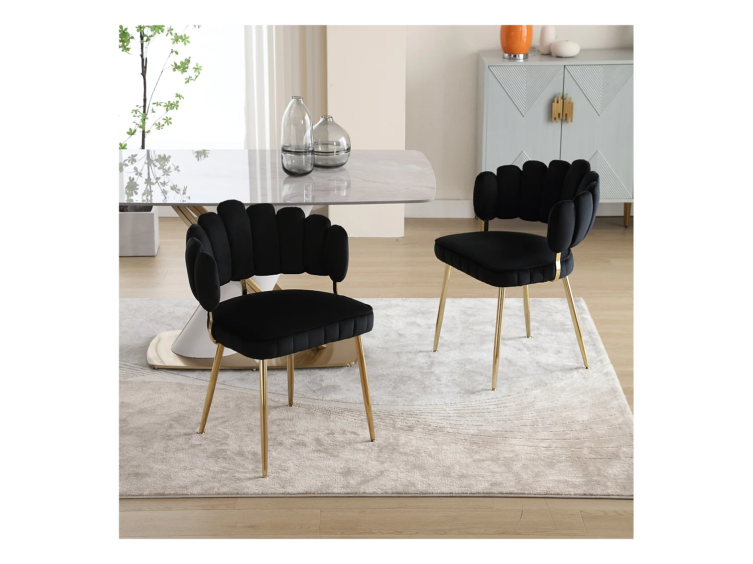 Lot de 2 chaises de salle à manger, chaise d'appoint velours , chaise simple de loisir avec pieds dorés, 58x56x78cm, Noir