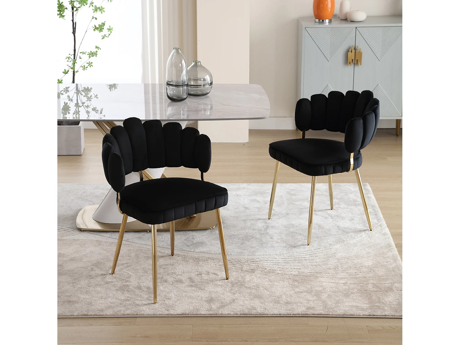 Lot de 2 chaises de salle à manger, chaise d'appoint velours , chaise simple de loisir avec pieds dorés, 58x56x78cm, Noir