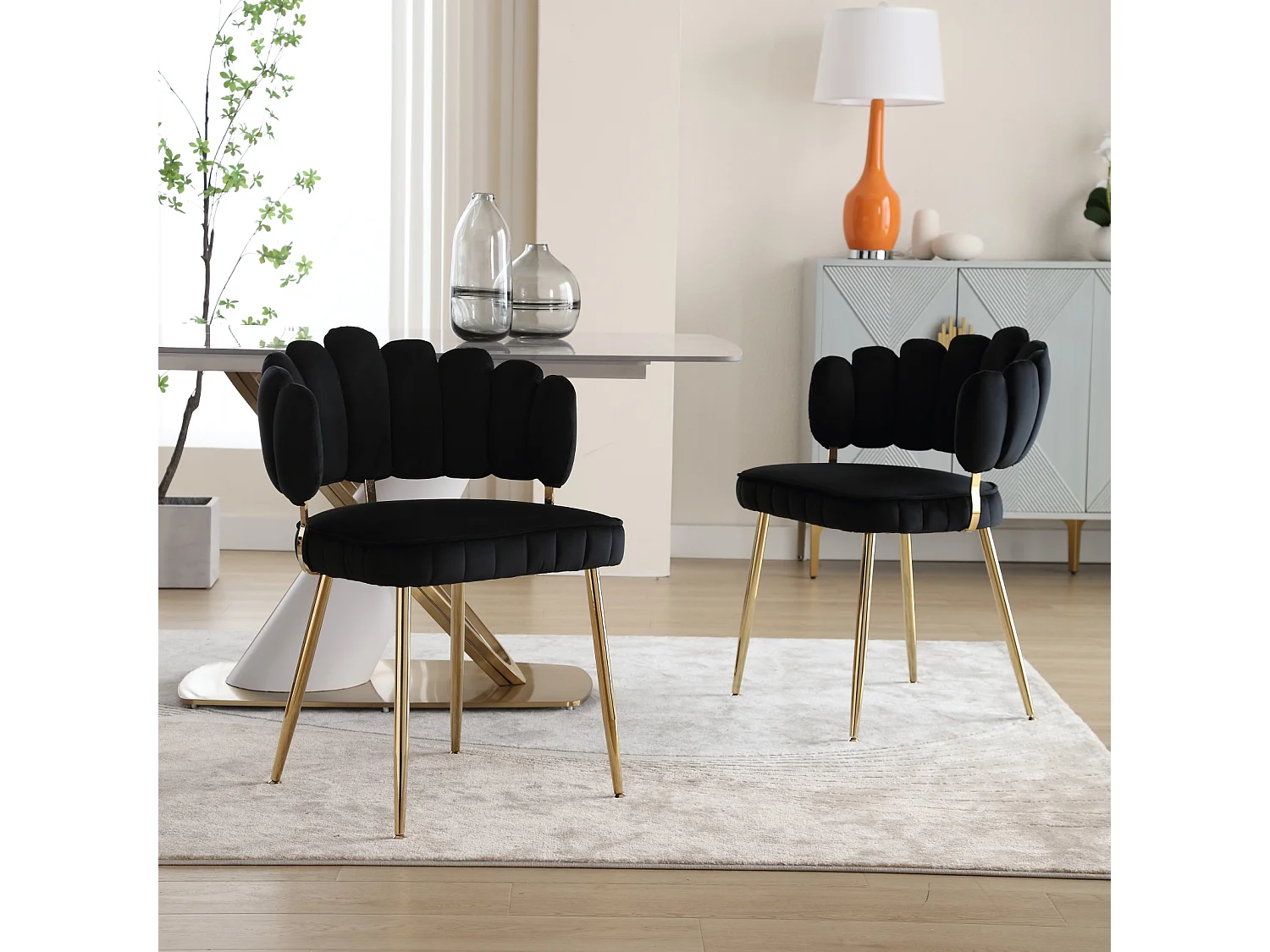 Lot de 2 chaises de salle à manger, chaise d'appoint velours , chaise simple de loisir avec pieds dorés, 58x56x78cm, Noir
