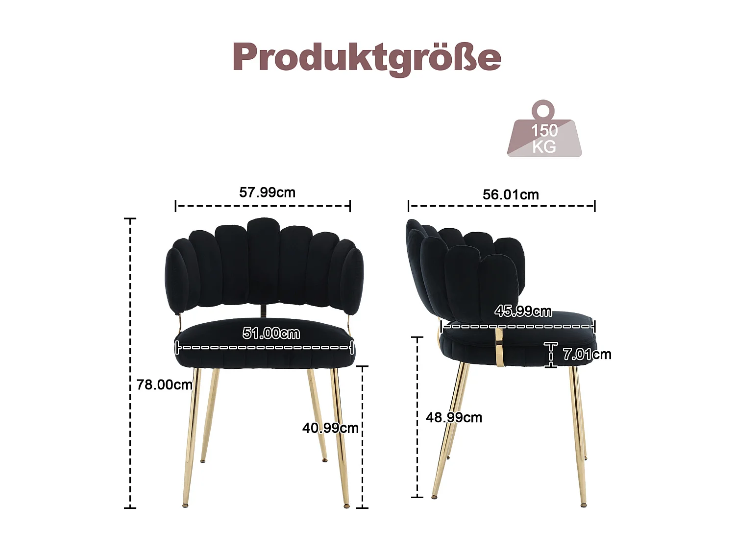 Lot de 2 chaises de salle à manger, chaise d'appoint velours , chaise simple de loisir avec pieds dorés, 58x56x78cm, Noir