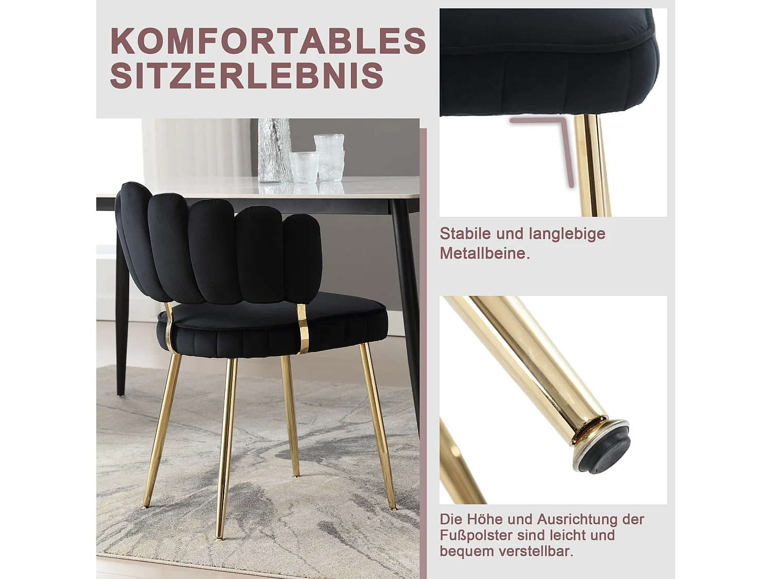 Lot de 2 chaises de salle à manger, chaise d'appoint velours , chaise simple de loisir avec pieds dorés, 58x56x78cm, Noir