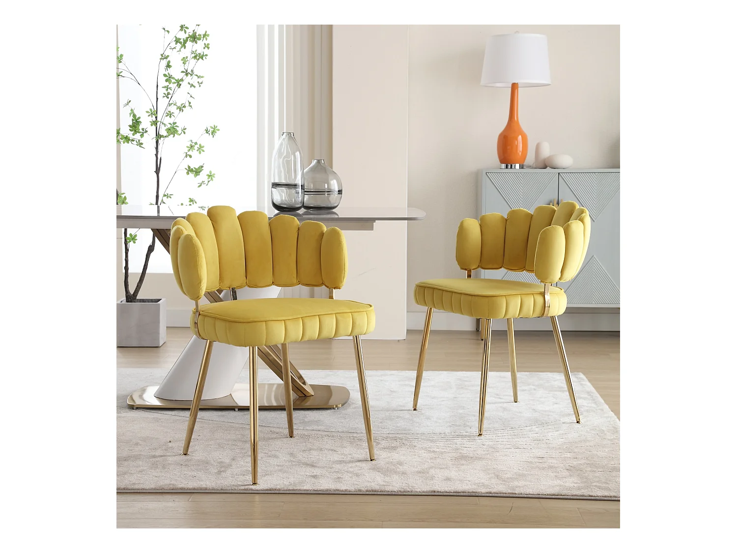 Set van 2 eetkamerstoelen, fluwelen stoel, eenvoudige relaxstoel met gouden poten, 58x56x78cm, Geel
